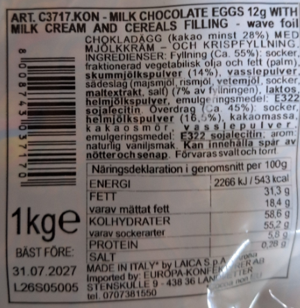 Laica Chokladägg Mjölkchoklad med Krisp 1 kg