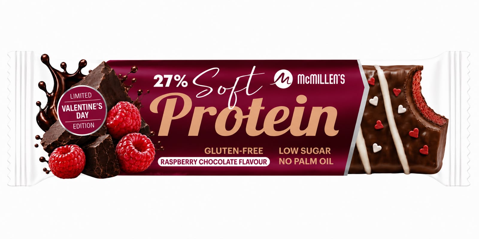 Raspberry Chocolate Protein bar. Lansering februari 2027!